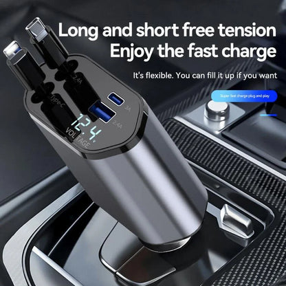 4-in-1 Retractable Car Charger | Dual USB & USB-C PD Fast Charging, 100W
